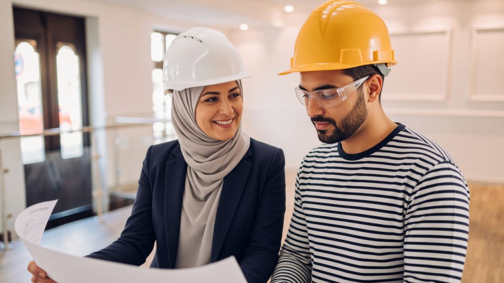 Portrait of two multiracial architect looking at blueprints in a