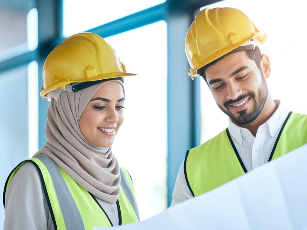 Architect and construction team smiling on-site with blueprints, engaged in planning and management training for construction success