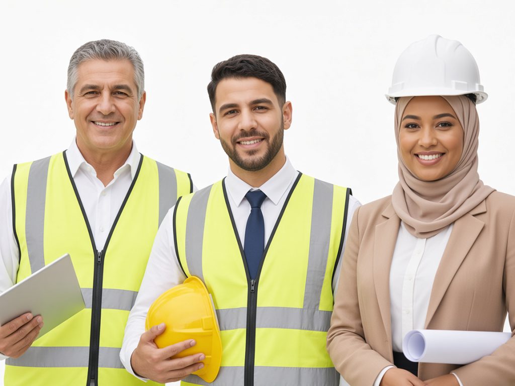 Construction site portrait of a collaborative team and architect, focused on planning, creativity, and team coaching for project success