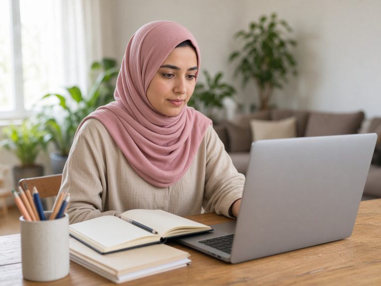 Portrait of a hispanic woman using laptop at home
