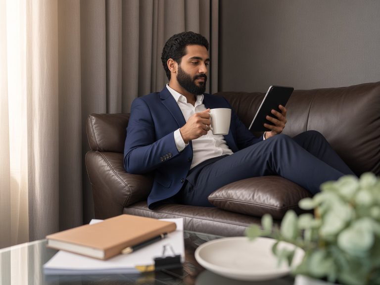 Young African American man holding laptop relaxing sitting on sofa working remote at home