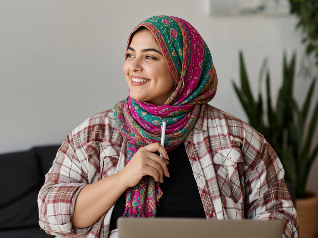 A woman sits at her desk, thoughtfully holding a pen, with a lap