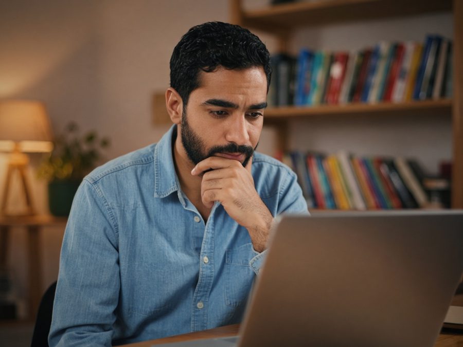 Mental Health awareness programme, hero image of a man concerned, deeply thinking, holding his beard