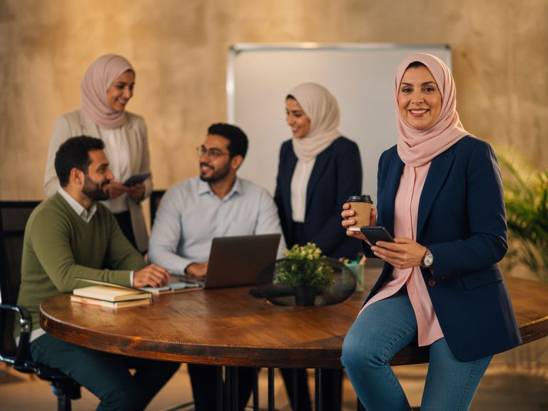 Smiling woman holding a coffee cup and phone with a collaborative team meeting happening behind her, representing positive workplace wellbeing.